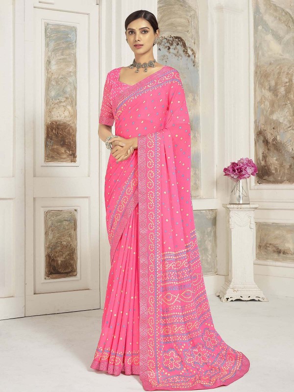 Pink Chiffon Printed Saree